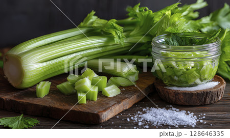 Fresh green celery stalks and diced pieces are arranged on wooden board, evoking feeling of natural goodness 128646335