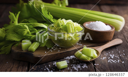 Fresh green celery on wooden board evokes sense of crispness and healthy eating, radiating natural goodness and culinary possibilities 128646337