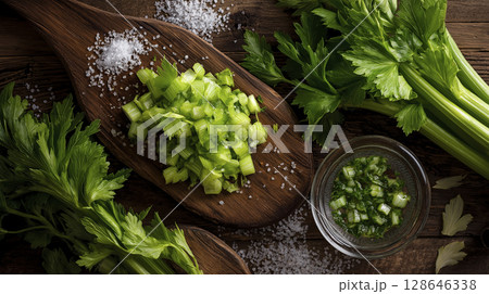 Fresh green celery offers vibrant and wholesome feel on wooden board, radiating natural goodness and healthy vibes for culinary delight 128646338