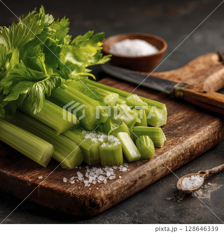 Fresh celery sticks, crisply cut, arranged on rustic wooden board. vibrant green evokes sense of healthy freshness and natural goodness 128646339