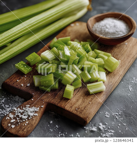Fresh celery and crisp cut are presented on wooden board, inviting freshness. They look deliciously inviting, ready for healthy snack or cooking ingredient 128646341