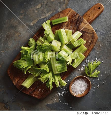 Fresh celery stalk, crisply cut on wooden board, evokes feeling of natural goodness and healthy eating habits, ready for snacking or cooking 128646342
