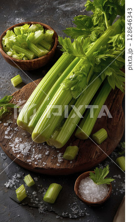 Celery, green and fresh, sits on wood board with scattered salt, creating vibrant, appetizing display, evoking feelings of healthy eating and natural goodness 128646343