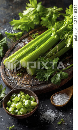 Celery green, celery, board, salt, and fresh are displayed on wooden board, creating refreshing and healthy vibe 128646346