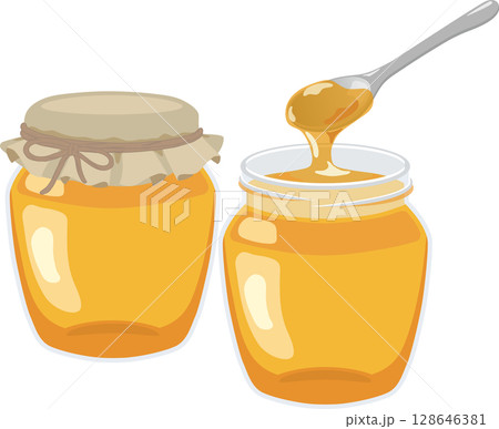 蓋付きの蜂蜜とスプーン付き蜂蜜 蓋付きの蜂蜜とスプーン付き蜂蜜 128646381