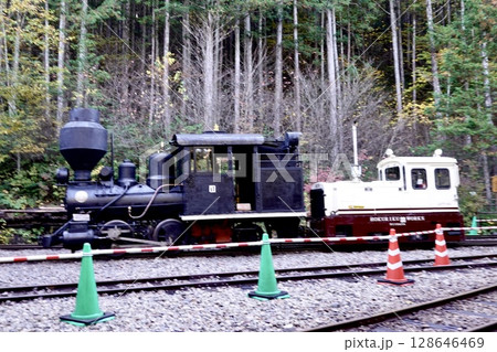 赤沢自然休養林の赤沢森林鉄道の機関車が見える風景　長野県木曽郡上松町 128646469