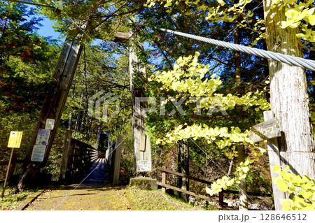 赤沢自然休養林の赤沢橋という吊り橋が見える風景　長野県木曽郡上松町 128646512