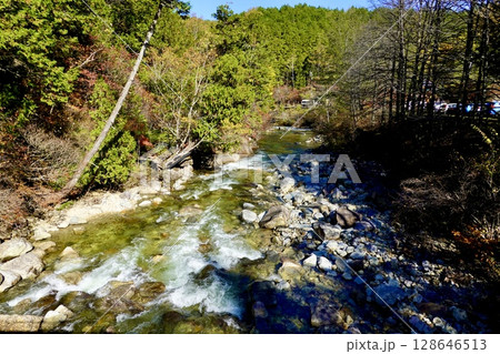赤沢自然休養林の駐車場わきの川のせせらぎが見える風景 長野県木曽郡上松町 赤沢自然休養林の駐車場わきの川のせせらぎが見える風景 長野県木曽郡上松町 128646513