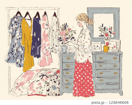 お気に入りの部屋で服を選ぶ女性 128646606