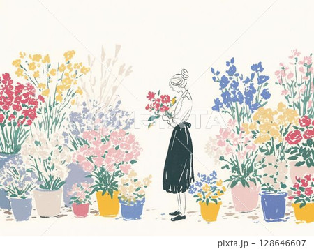 花屋で花を選ぶ女性　色とりどりの花に囲まれて 128646607