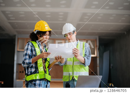 Engineers are discussing data working and laptop or tablet with architectural project at new construction site on big project. Engineers are discussing data working and laptop or tablet with architectural project at new construction site on big project. 128646705