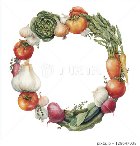 Delightful wreath of fresh vegetables, radiates healthy and vibrant energy, bringing touch of rustic charm to composition 128647038