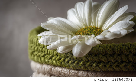 Close up of white daisy flower resting on green knitted fabric, highlighting delicate petals and vibrant yellow center, creating fresh and natural aesthetic 128647072