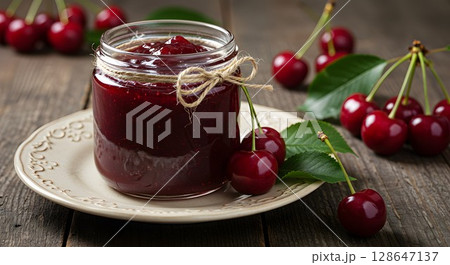 homemade strawberry jam on a white wooden background 128647137