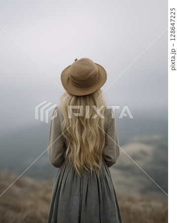 Elegant woman with long blonde hair gazes thoughtfully at misty landscape, her back turned, creating sense of mystery and tranquility Elegant woman with long blonde hair gazes thoughtfully at misty landscape, her back turned, creating sense of mystery and tranquility 128647225