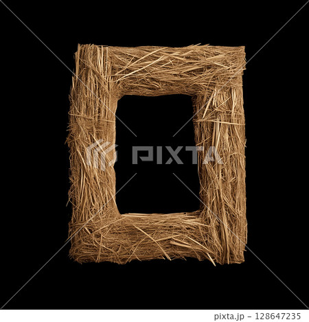 Rustic straw frame against dark background, radiates natural, earthy charm, evoking sense of simplicity and warmth 128647235