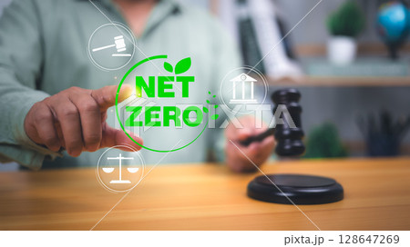 Net zero and climate law concept showing a judge with gavel and legal icons, symbolizing environmental policy, justice, and carbon neutrality regulations. 128647269