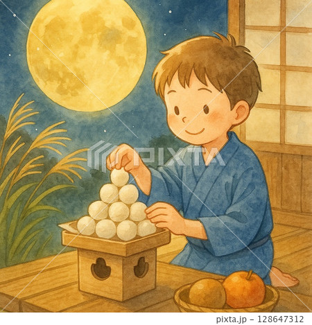 月見団子をお供えする子どもと十五夜の風景 128647312
