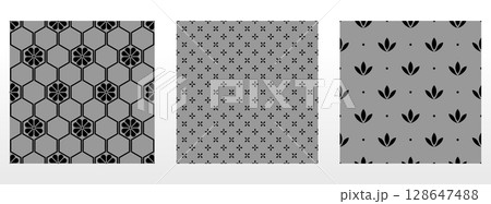 Geometric floral set of seamless patterns. Gray and black vector backgrounds. Damask graphic ornaments Geometric floral set of seamless patterns. Gray and black vector backgrounds. Damask graphic ornaments 128647488