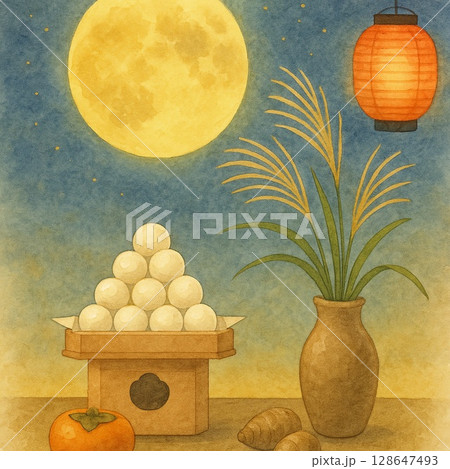 満月と月見団子・ススキの静かな十五夜の静物画 128647493