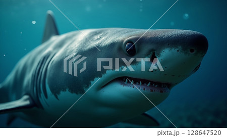 Great White Shark Close-up with Visible Skin Texture	 128647520
