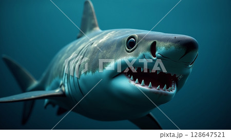 Intense Great White Shark Close-up with Textured Skin	 128647521