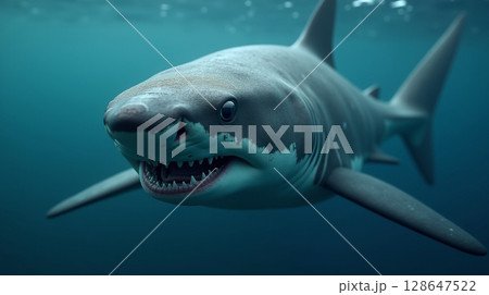 Powerful Shark Gliding Underwater with Cinematic Lighting	 128647522