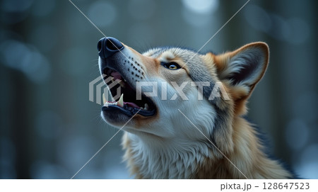 Intense Wolf Howl with Pristine Fur and Glistening Eyes	 128647523