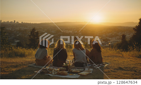Four young adult friends sit on hill overlooking city at sunset. Facing away, they enjoy warm light and connection, feeling relaxation during golden hour 128647634