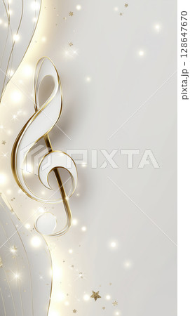 Beautiful white musical note with elegant golden outline surrounded by sparkle light creates festive celebration holiday atmosphere joyful design element copy space 128647670