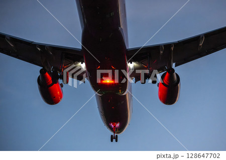 夕暮れの仙台空港　着陸中の飛行機　宮城県名取市 128647702