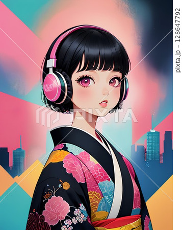 ヘッドフォンをつけた和服姿の女性 ヘッドフォンをつけた和服姿の女性 128647792