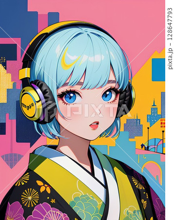 ヘッドフォンをつけた和服姿の女性 ヘッドフォンをつけた和服姿の女性 128647793
