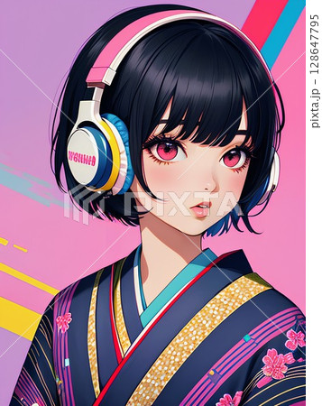 ヘッドフォンをつけた和服姿の女性 ヘッドフォンをつけた和服姿の女性 128647795
