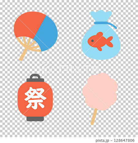 夏祭りの定番アイテムを集めたポップなイラストセット、うちわや金魚すくいなど祭り気分を盛り上げる素材集 夏祭りの定番アイテムを集めたポップなイラストセット、うちわや金魚すくいなど祭り気分を盛り上げる素材集 128647806