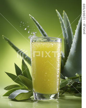 Glass of yellow juice with green liquid and some leaves around it, with aloe vera plants in background, fresh and vibrant, evoking sense of health and refreshment 128647889