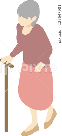 アイソメトリック　人物　女性　シニア　高齢者　歩く　杖　福祉　介護　シンプル　俯瞰　イラスト素材 128647981