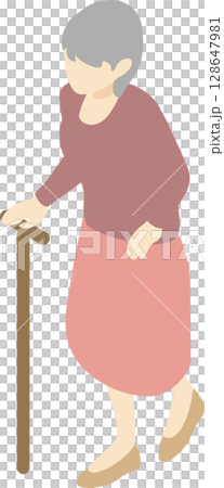 アイソメトリック　人物　女性　シニア　高齢者　歩く　杖　福祉　介護　シンプル　俯瞰　イラスト素材 128647981
