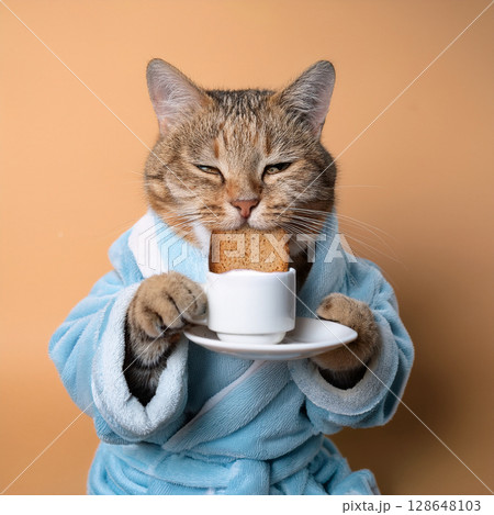 朝食を食べる眠たそうな寝起きの猫 128648103