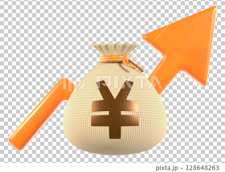 3D illustration of money bag and upward arrow representing increasing revenue 128648263