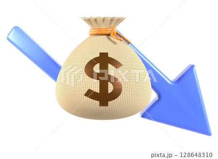 損失や収益減少を示すお金の袋と下向き矢印の3Dイラスト 128648310