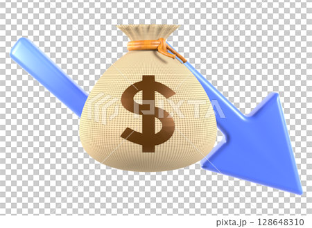 損失や収益減少を示すお金の袋と下向き矢印の3Dイラスト 128648310