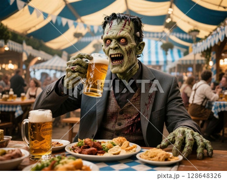 オクトーバーフェストでバイエルン料理とビールを飲むフランケンシュタイン 128648326