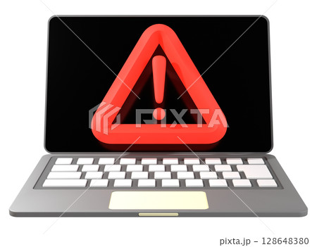 ノートパソコンに表示された赤い警告マークの3Dイラスト 128648380