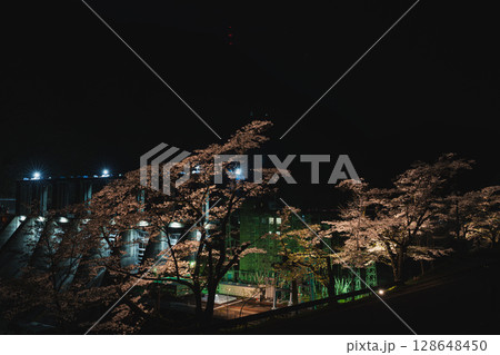 浜松市のライトアップされた秋葉ダムと夜桜(静岡県) 浜松市のライトアップされた秋葉ダムと夜桜(静岡県) 128648450