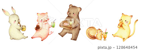 スイーツと飲み物を食べる動物たちのセット 手描き色鉛筆画 スイーツと飲み物を食べる動物たちのセット 手描き色鉛筆画 128648454