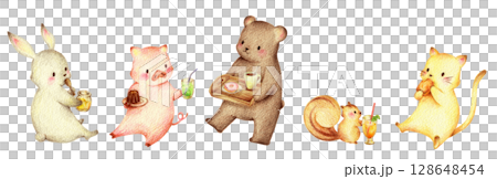 スイーツと飲み物を食べる動物たちのセット 手描き色鉛筆画 スイーツと飲み物を食べる動物たちのセット 手描き色鉛筆画 128648454