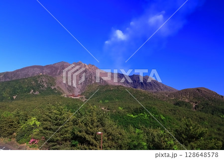 【鹿児島県】晴天の湯之平展望所から見た桜島の噴火口 【鹿児島県】晴天の湯之平展望所から見た桜島の噴火口 128648578
