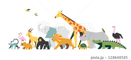 Safari animals illustration geometric African wildlife in cartoon style on white background. Includes giraffe, elephant, lion, rhino, crocodile, flamingo, gorilla, ostrich, lemur, and more. Perfect 128648585