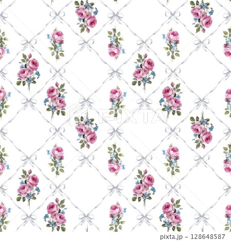 Shabby chic rose pattern with ribbons and gingham seamless vintage floral design with pink roses, blue bows, and pastel diamonds. Ideal for textiles, wrapping, and romantic interiors. 128648587